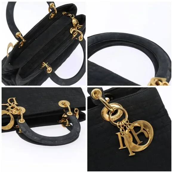 Christian Dior Lady Dior Canage Hand Bag Nylon Black Gold Auth ep10577